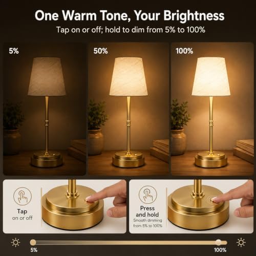 Rechargeable Cordless Table Lamp, Gold, 1 Pack