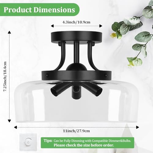 Industrial Semi Flush Mount Ceiling Light, Clear Glass