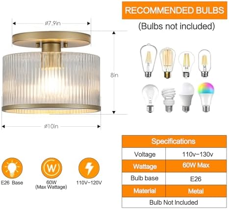 Zlepmlla Ribbed Glass Semi Flush Mount Ceiling Light, Gold