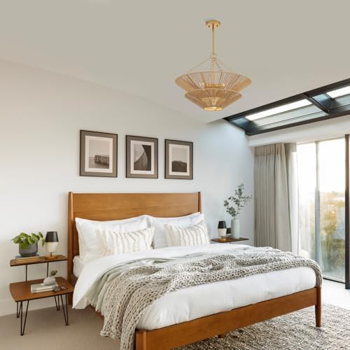 5-Light Gold Rattan Chandelier, Farmhouse Pendant Light