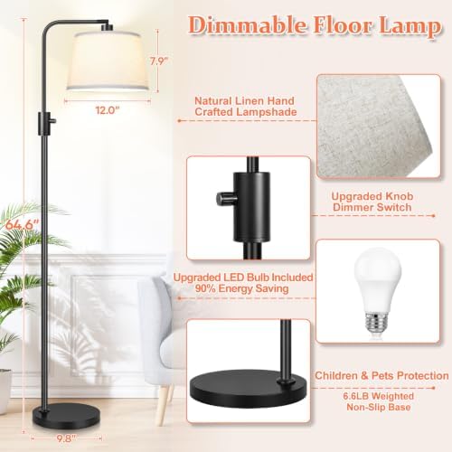 Nintiue Dimmable Arc Floor Lamp, Linen Shade, Black