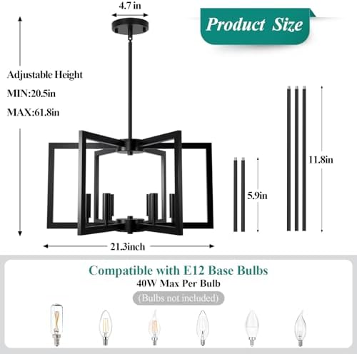 Bairth 20"-62" Adjustable Black Chandelier