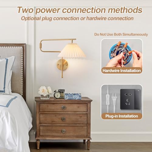Gold Swing Arm Wall Sconces, Set of 2, Pleated Shade