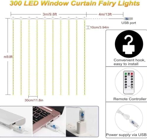 Bedroom Curtain Lights, 300 LED, 9.8x9.8Ft