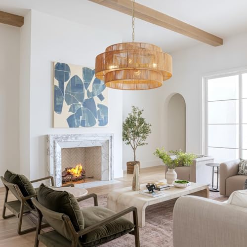 Large Farmhouse Rattan Chandelier, 22.8in Boho Pendant Light