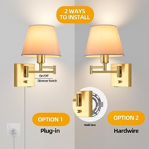 Gold Swing Arm Wall Lamp, White Fabric Shade