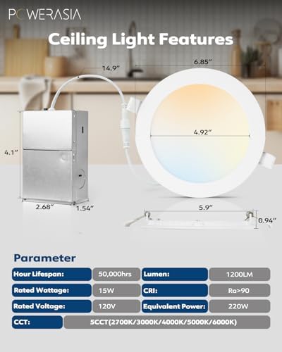 POWERASIA 6 Pack 6 Inch Canless LED Recessed Lighting