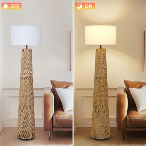 Large Boho Rattan Floor Lamp with Linen Shade