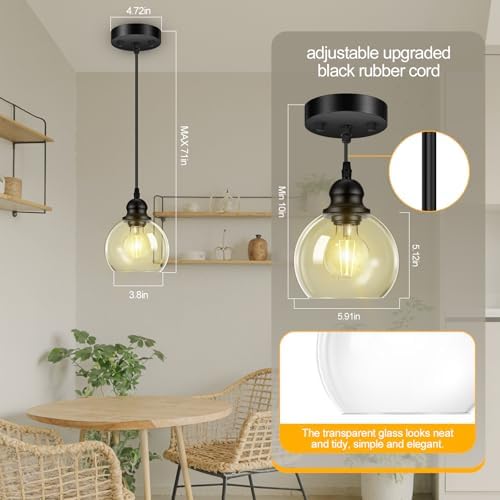 Black Glass Pendant Light, 71-Inch Adjustable Hanging Lamp