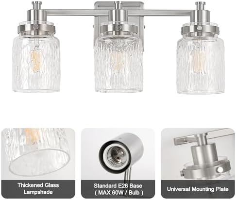 3-Light Brushed Nickel Modern Bathroom Vanity Light