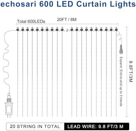 echosari Curtain Lights, 20Ft x 10Ft, 600 LED