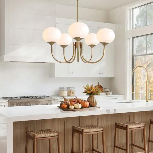 5-Light White Globe Chandelier, Gold Sputnik