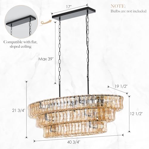 Large Modern Chandelier, Amber Glass Shade