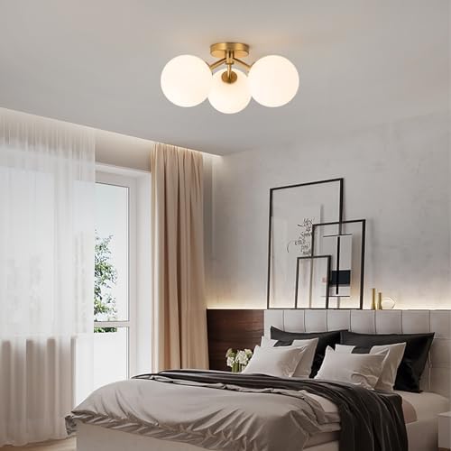 Gold Opal Globe Mid-Century Semi Flush Mount Ceiling Light