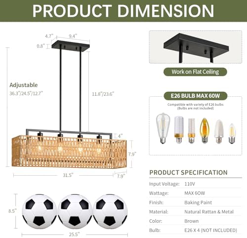32" Rattan Chandelier, Rectangle Linear Light