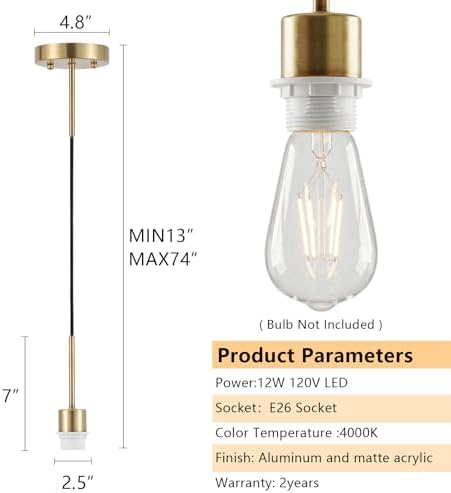 Adjustable Pendant Light Kit, E26 Socket, Gold