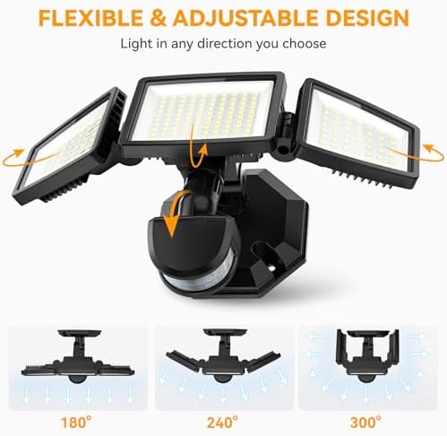 7000LM 6500K 3-Head LED Motion Sensor Flood Light
