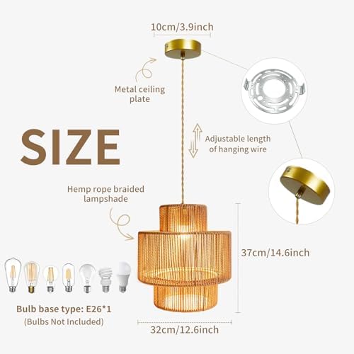 12.6'' Boho Rattan Chandelier Pendant Light Hand-Woven Wicker Pendant