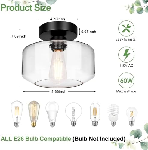 Lynnoland Black Semi Flush Mount Ceiling Light, Clear Glass Shade