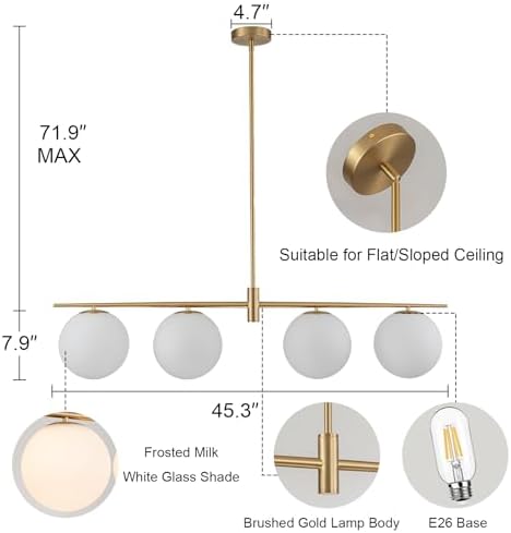45.3" 4-Light Linear Chandelier, Brushed Gold