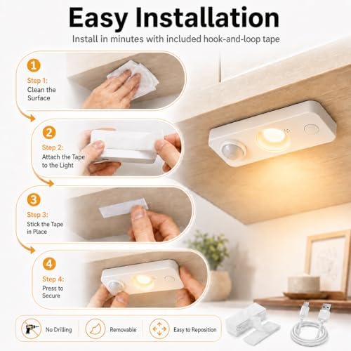 LightingWill 8 Pack USB Rechargeable Motion Sensor Puck Lights