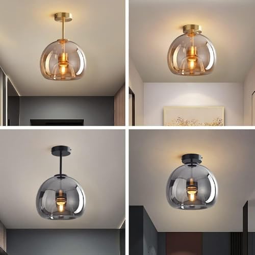 Modern Industrial E26 Flush Mount Ceiling Light, Amber Glass