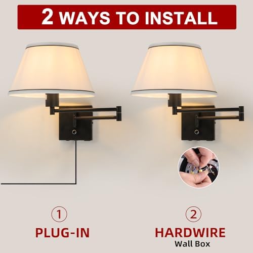 17" Swing Arm Wall Lamp, White Fabric Shade