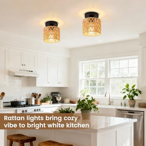 Farmhouse Semi Flush Mount Ceiling Light, 1-Pack, Boho Rattan