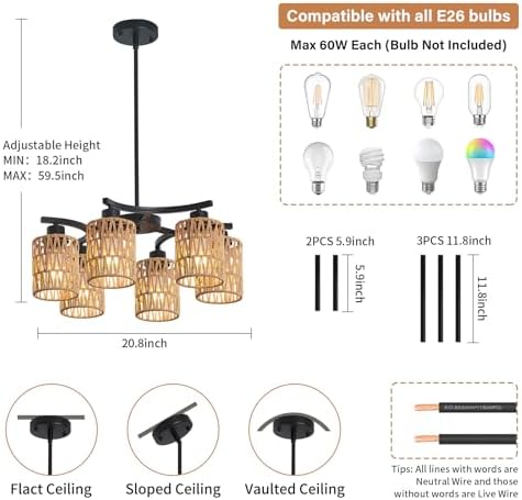 21" 6-Light Boho Rattan Chandelier