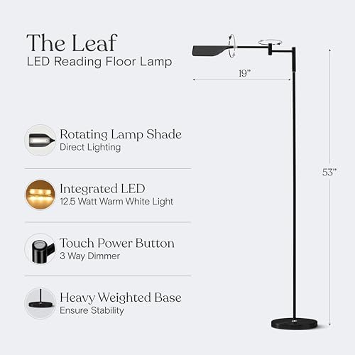 Brightech Leaf Pharmacy LED Reading Lamp, Dimmable, Jet Black