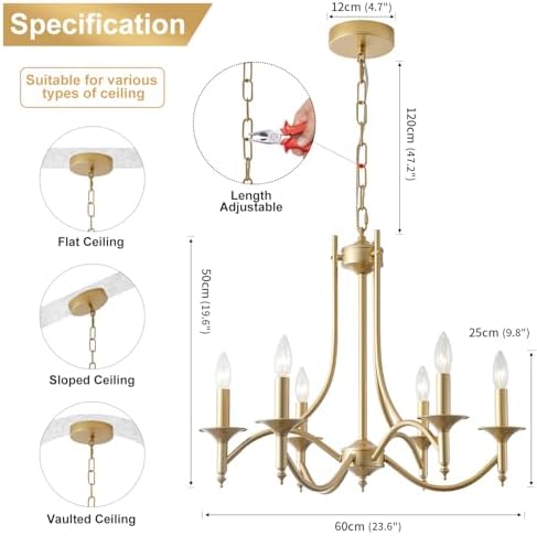 Gold Farmhouse Candle Chandelier for Dining Room