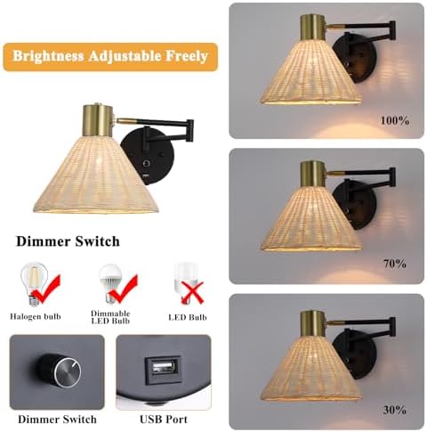 Plug-in Rattan Swing Arm Wall Sconce, Black