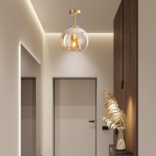 Modern Industrial E26 Flush Mount Ceiling Light, Amber Glass