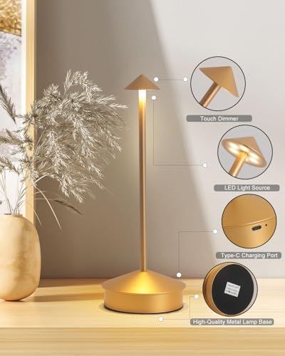 2 Pack Aluminum Cordless Table Lamps, 6000mAh, Gold