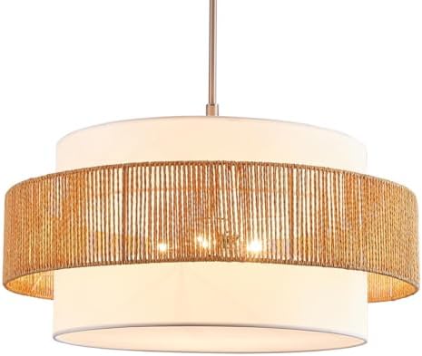 24'' Rattan Large Drum Chandeliers,5 Light Boho Pendant Light