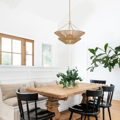 5-Light Gold Rattan Chandelier, Farmhouse Pendant Light