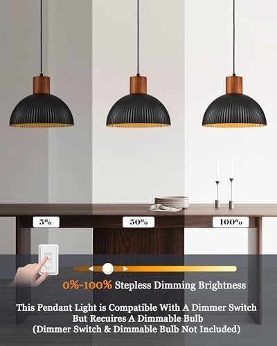 ELYONA 12" Ash Wood Pendant Light, Black Metal