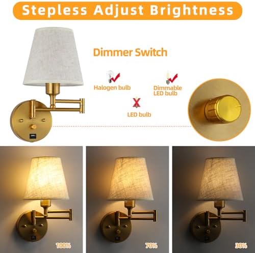 Gold Swing Arm Wall Sconce with USB
