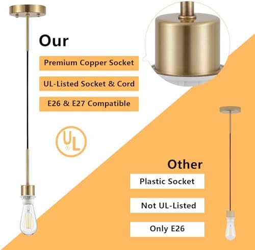 Adjustable Pendant Light Kit, E26 Socket, Gold