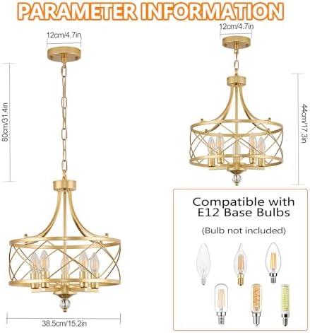 5-Light Gold Metal Pendant Chandelier, 15.2"