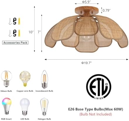 20-Inch Boho Rattan Flush Mount Ceiling Light