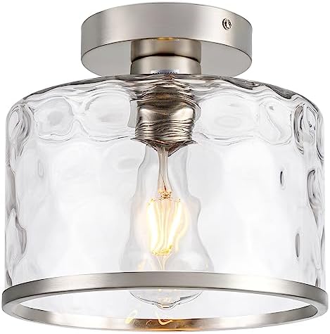 Zlepmlla Semi Flush Mount Ceiling Light, Hammered Glass, Satin Nickel