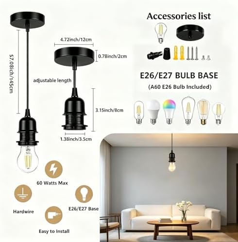 Black Industrial Pendant Light Kit, E26 Socket