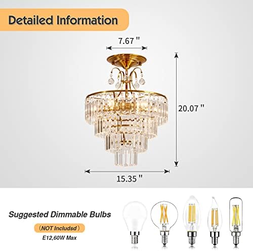CVKASH 5-Light Gold Crystal Semi-Flush Mount Chandelier