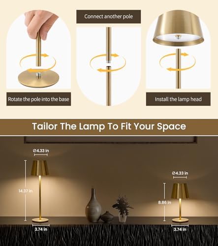 3 Pack Cordless Table Lamps, Brushed Gold