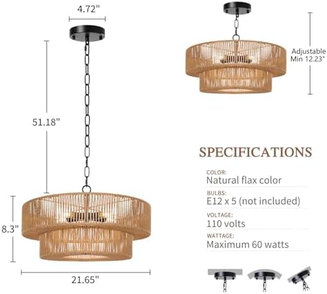 LamQee 22 Inch 5-Light Rattan Chandelier
