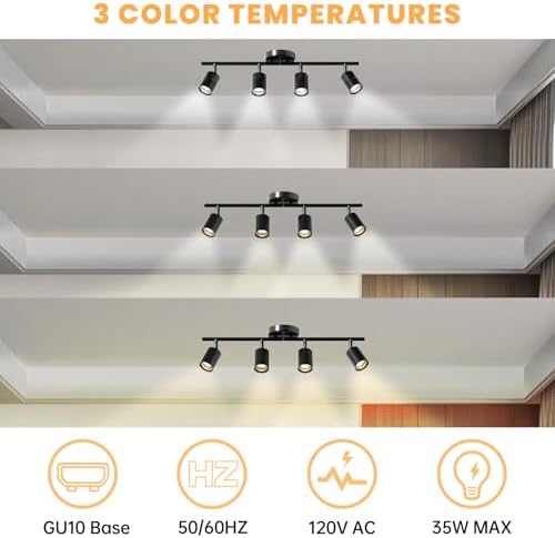 LED 4 Light Track Lighting Kit, Black Ceiling Spotlights, Modern Track