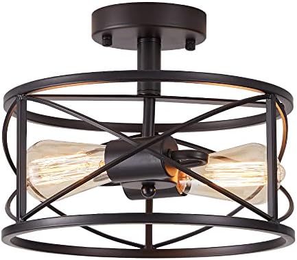 2-Light Black Metal Cage Semi Flush Mount Ceiling Light