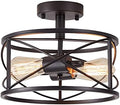 2-Light Black Metal Cage Semi Flush Mount Ceiling Light