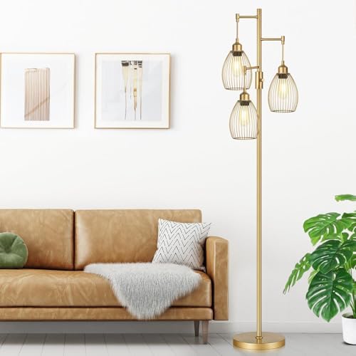 Dimmable Industrial Floor Lamp, Gold, 3-Light Teardrop Cage